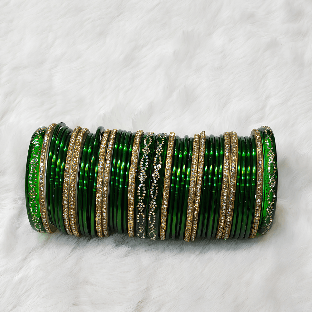 Green Bridal Glass Bangles Set (36 Bangles, 4 Kada) - Image 3