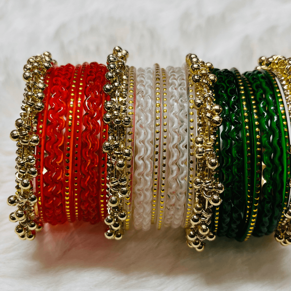 Special Tricolor Designer Ghungroo Bangle Set - Image 3