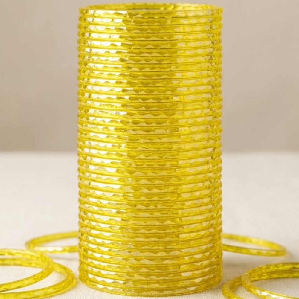 Yellow Glass Cut Bangles (24Pcs)