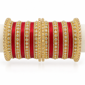 Red & Gold Traditional Bridal Bangles with Designer Kada