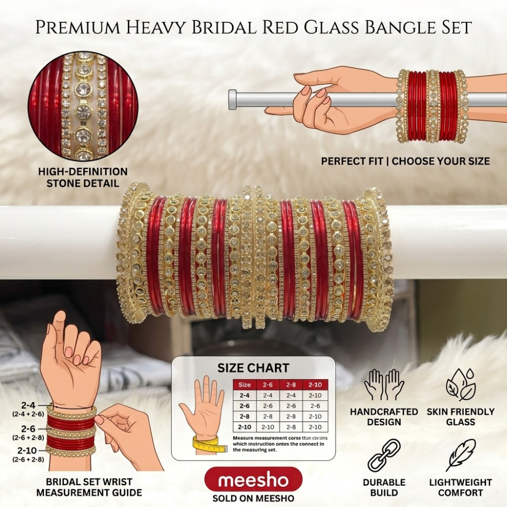 Red & Gold Traditional Bridal Bangles with Designer Kada - Image 3
