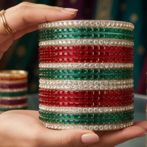 Green and Red Stone Studded Traditional Bridal Bangles Set for Women (Both Hands)